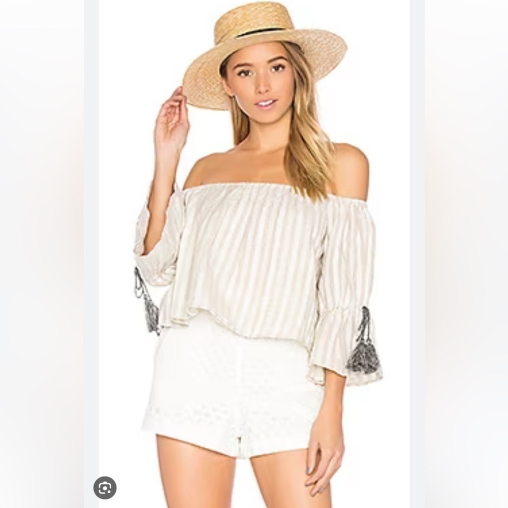 Tularosa x Revolve Alexa Linen Cropped Off Shoulder Tassel Top Natural Stripe